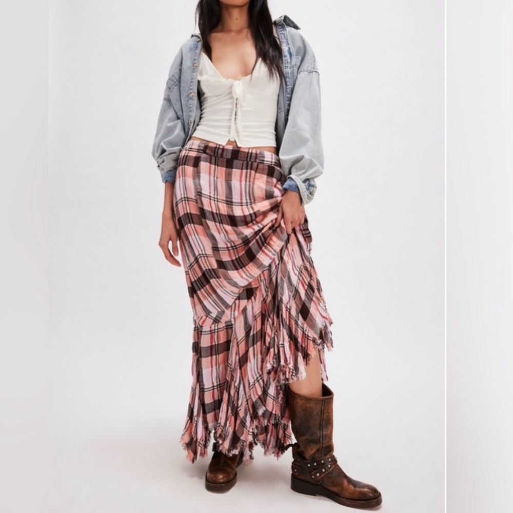 NWT Free People skirt Bordeaux soft combo plaid gauze pockets elastic waist S